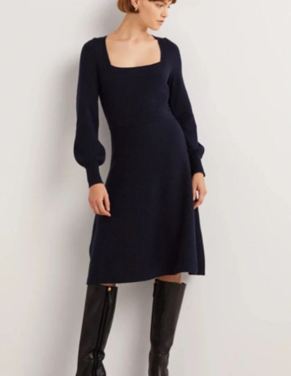 NWT Boden Square Neck Knitted Dress Black Long Sleeve 12 LBD